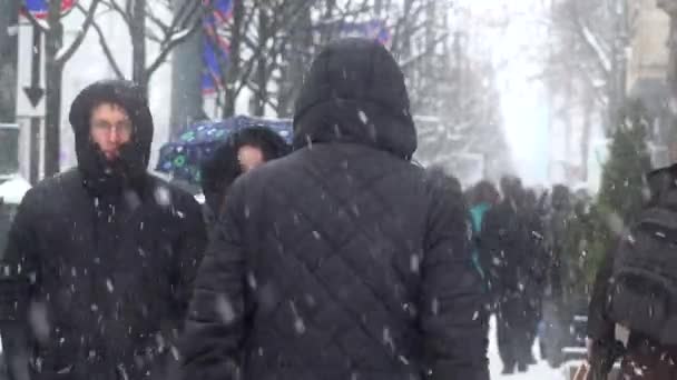 Menschen in starkem Schneesturm fallen im Winter. Aktives städtisches Leben — Stockvideo