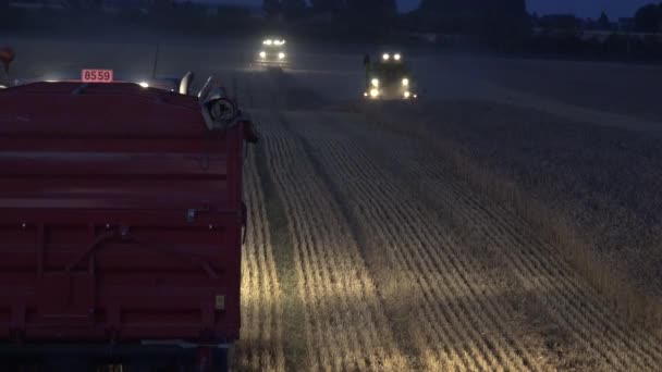 Boerderij combineren Harvester met lamp licht werk in de late avond. 4k — Stockvideo