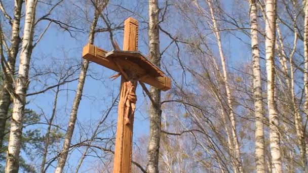 Stort träkors står bland träden på bakgrunden av blå himmel — Stockvideo