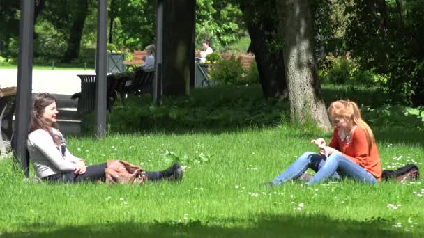 Mujeres felices se sientan en la hierba del prado del parque y hacer corona de flores. 4K — Vídeos de Stock