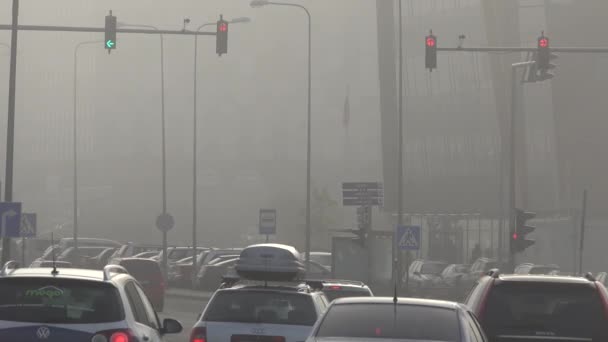 Los coches se detienen contra el semáforo rojo en hora punta. Aléjate. 4K — Vídeos de Stock