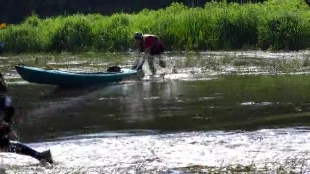 Kano yarışı katılımcıları nehir suyuna kadar tekneler iterek. — Stok video