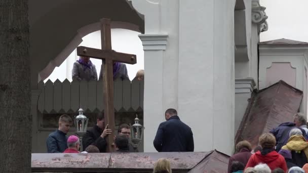 Way of cross. People pray near church. Pentecost. Religion holiday procession — Stock Video