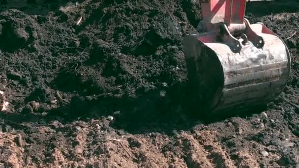 Excavadora cuchara cavar suelo contaminado con materiales tóxicos de petróleo y la carga en el camión — Vídeos de Stock