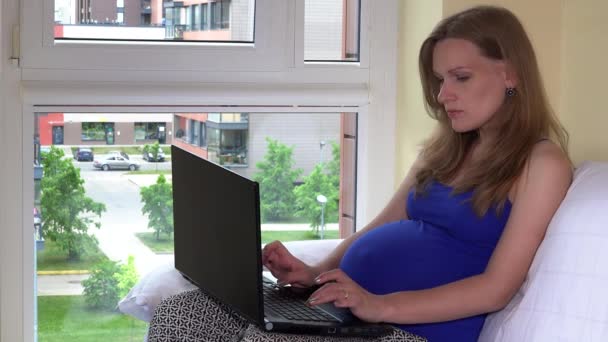 Внештатная беременная женщина, работающая с ноутбуком, сидит у окна дома — стоковое видео