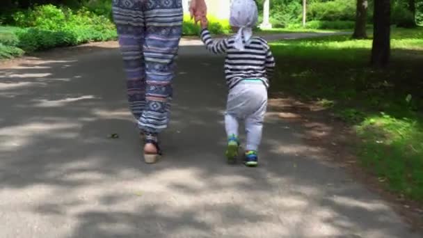 Mom and child holding hands walking together on asphalt road. Gimbal follow — Stock Video