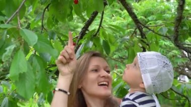 Anne bir ağaçtan çilek almak için onun bebek oğul tutan. Gimbal hareketi