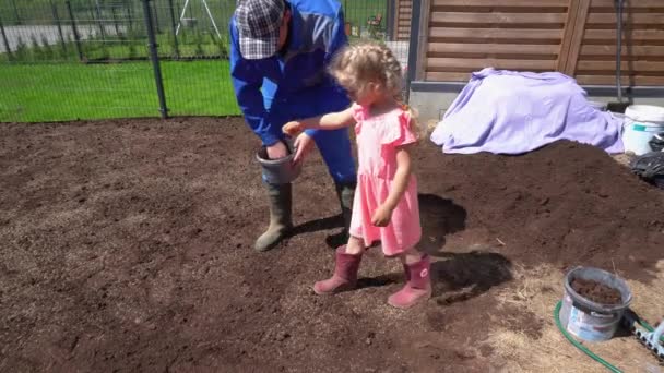 Kızı konak bahçesinde çim çim tohumlama ekmek ile baba yardım. El — Stok video