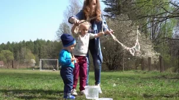 Madre con hijo e hija soplando burbujas en el parque. Movimiento del cardán — Vídeos de Stock