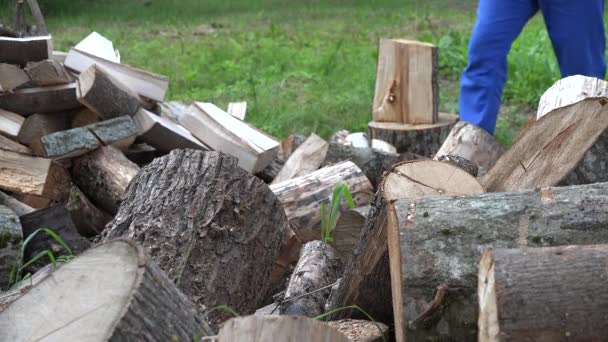 Tagliare tronco d'albero mucchio e uomo operaio offuscata tagliare la legna con ascia. 4K — Video Stock