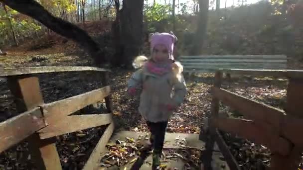 Счастливая маленькая девочка со светлыми косичками бежит по деревянному мосту — стоковое видео