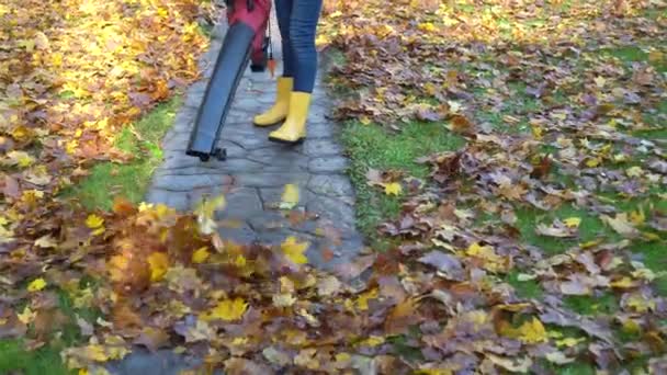 穿着黄色长统靴的工人用花园鼓风机从人行道上吹树叶 — 图库视频影像