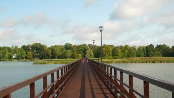 Прогулянка пішохідним мостом, що з'єднує два береги озера. Гіпертекстовий постріл — стокове відео