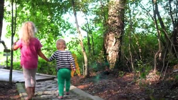 Сестра веде маленького брата тримає руку на камені, викладеному здоровим босоніжним шляхом — стокове відео