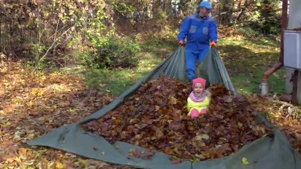 Strong gardener man pulling pile of leaves and little daughter girl on top — Stock Video
