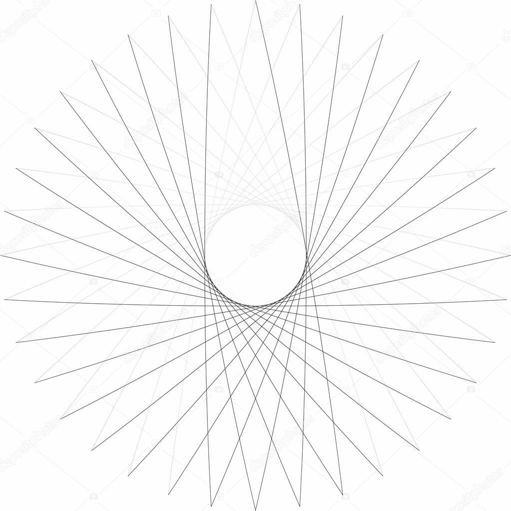 Rays, beams element. Sunburst, starburst shape on white. Radiating, radial, merging lines. Abstract circular geometric shape.