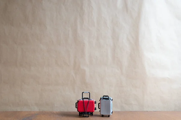 Miniature Suitcase Wooden Background Travel Concept Minimal Style Panoramic Banner — Stock Photo, Image