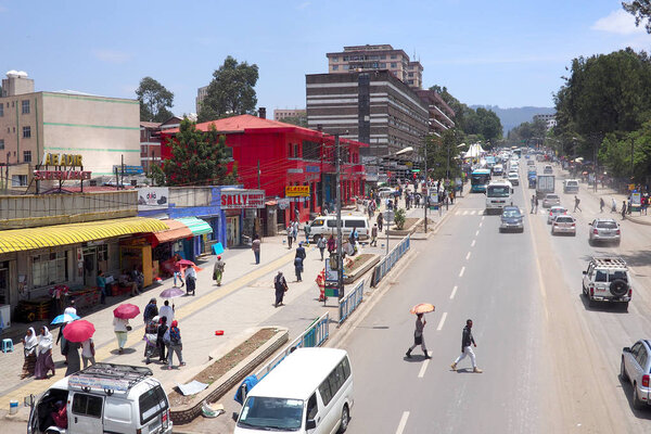 Addis Ababa, Ethiopia - 9 April 2019 : Busy street in the Ethiopian capital city of Addis Ababa.
