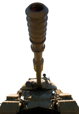 Askeri tank beyaz arka plan üzerinde izole. Varil yukarı işaret etti.