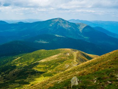 Yaz dağ manzaraları. Yeşil çayırlar. Yüksek tepeler.