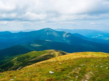 Yaz dağ manzaraları. Yeşil çayırlar. Yüksek tepeler.