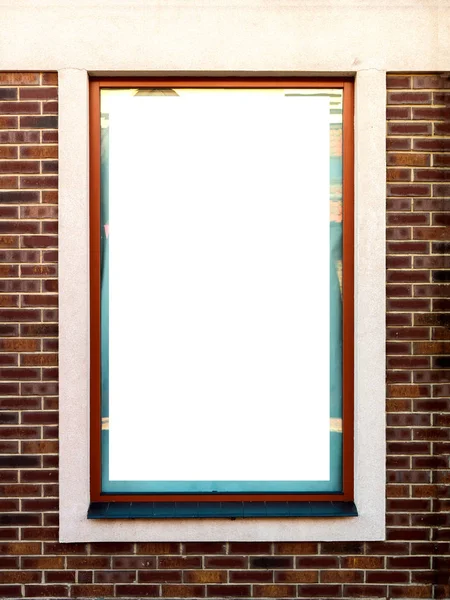Kırmızı Tuğla Duvarına Karşısında Mağaza Pencerede Doku Beyaz Vitrin Yakın — Stok fotoğraf