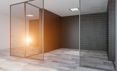 Modern ofis dolabı. Toplantı odası. 3D render... Işıklar penceresinde.