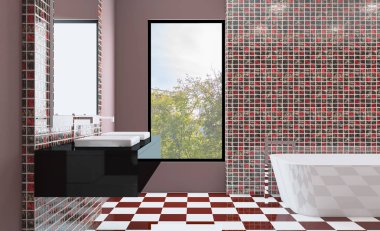 Modern banyo iç tasarım. 3D render.