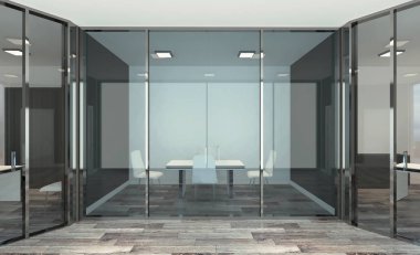 Açık alan ofis iç konferans odası gibi. Mockup. 3D render.