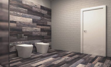 Geniş bir banyo, ısıtmalı zemini ve serbest küveti var. 3B görüntüleme.