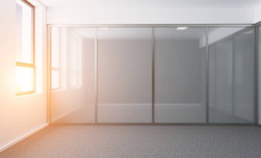 Modern ofis dolap boş. Toplantı odası. 3D render günbatımı