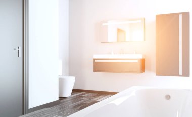 Modern banyo banyo ve lavabo dahil olmak üzere. 3D render. Günbatımı