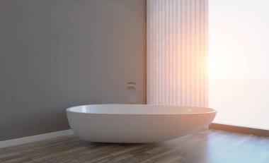 Geniş banyo, temiz, güzel, lüks, parlak oda. 3D render... Günbatımı
