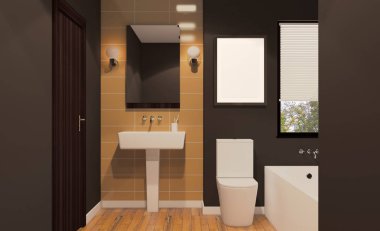 Geniş banyo, temiz, güzel, lüks, parlak oda. 3D render. Boş resim