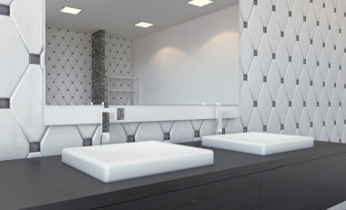 Doğal ışığı olan temiz ve taze bir banyo. 3B görüntüleme.