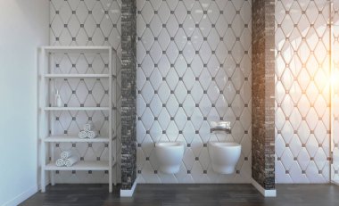 İskandinav banyo, Klasik vintage iç tasarım. 3D render. Günbatımı
