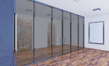3D render. İş Merkezi. Bir modern boş ofis büyük cam bölmeler. Toplantı odası. Boş resim sergisi. Mockup.