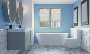 Modern banyo büyük pencere ile. 3D render. Boş resim.