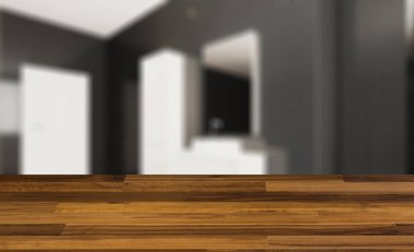 boş ahşap masa. Döşeme. Mozaik duvarları. Parlak yeni banyo iç. 3D render.