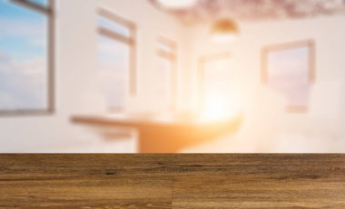 boş ahşap masa. Döşeme. . Modern toplantı odası. 3D render... Günbatımı