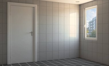Modern banyo büyük pencere ile. 3D render. Boş iç.