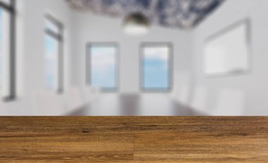 boş ahşap masa. Döşeme. . Modern toplantı odası. 3D render... Boş resim sergisi