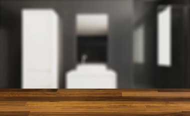 boş ahşap masa. Döşeme. Mozaik duvarları. Banyo iç küvet. 3D render.