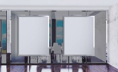 İç beton duvarlar ile modern konferans odası. Bina arka plan Dağları nın büyük pencereler ile. 3D render. Boş resim sergisi. Mockup.