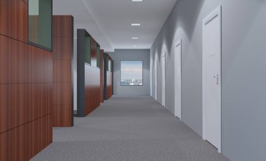 Açık alan ofis iç konferans odası gibi. Mockup. 3D render.