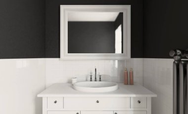 Geniş bir banyo, ısıtmalı zemini ve serbest küveti var. 3B görüntüleme.