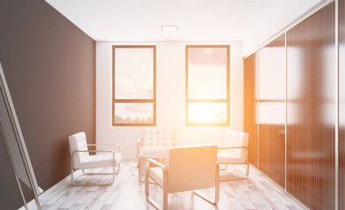 Koyu ahşap tablolar bir sıra ile bir ofis iç önden görünümü. 3D render. Günbatımı