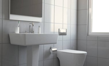 Modern banyo büyük pencere ile. 3D render.