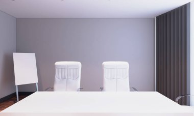 Ahşap masa konferans salonu. 3D render.