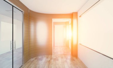 Modern boş ofis dolabı. Toplantı odası. 3D render. Günbatımı.